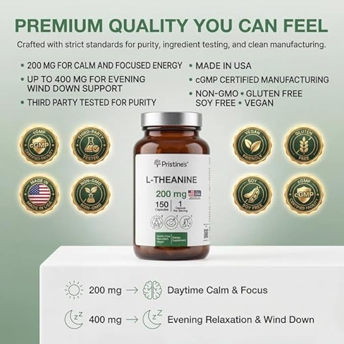 PRISTINE'S L Theanine 200mg Supplement Capsules - 3rd Party Tested Non GMO -150 Day Supply - Relaxation & Sleep Quality Support Capsules - Vegan, cGMP Facility & Gluten Free Glass Bottles - Image 5