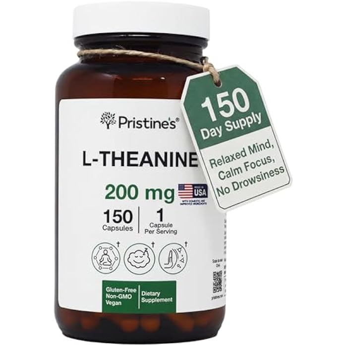 PRISTINE'S L Theanine 200mg Supplement Capsules - 3rd Party Tested Non GMO -150 Day Supply - Relaxation & Sleep Quality Support Capsules - Vegan, cGMP Facility & Gluten Free Glass Bottles - Image 1