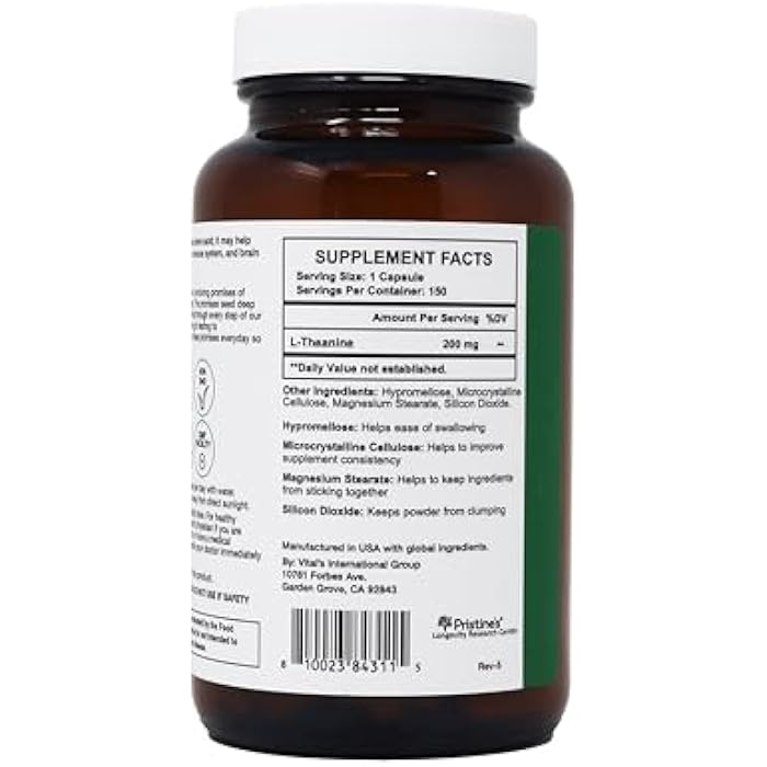 PRISTINE'S L Theanine 200mg Supplement Capsules - 3rd Party Tested Non GMO -150 Day Supply - Relaxation & Sleep Quality Support Capsules - Vegan, cGMP Facility & Gluten Free Glass Bottles - Image 4