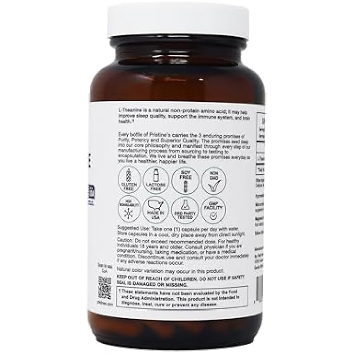 PRISTINE'S L Theanine 200mg Supplement Capsules - 3rd Party Tested Non GMO -150 Day Supply - Relaxation & Sleep Quality Support Capsules - Vegan, cGMP Facility & Gluten Free Glass Bottles - Image 3