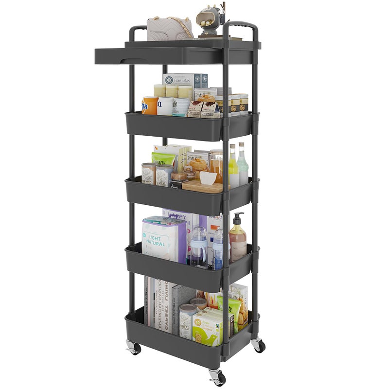 Calmootey 5Tier Rolling Utility Cart with DrawerMultifunctional Storage Organizer with Plastic Shelf  Metal WheelsStorage Cart for KitchenBathroomLiving RoomOfficeBlack