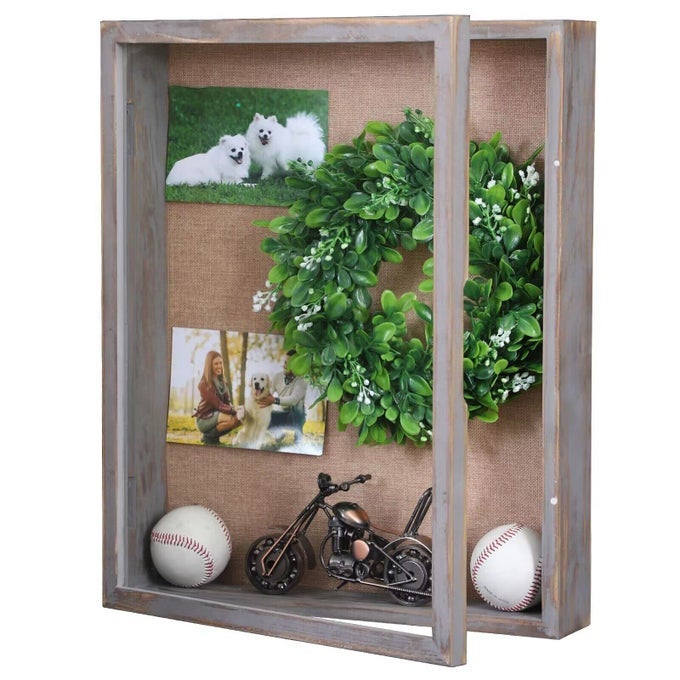 RUSTIC GREY SHADOW BOX FRAME 16X20 EXTRA LARGE DEEP SHADOW BOX WITH OPENING DOOR BIG DISPLAY CASE FOR WEDDING BOUQUET MEMORABILIA KEEPSAKES PHOTOS TICKETS MILITARY POSTCARD