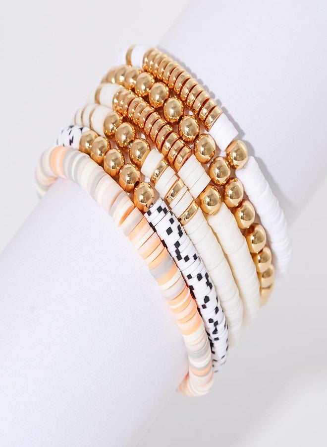 GOOJIDS Surfer Heishi Clay Bead Bracelets for Women Bohemian Stackable Gold Plated Beaded Stretch Bracelets Elastic Layering Friendship Bracelets Set Boho Jewelry, Medium, Polymer clay, no gemstone - Image 3