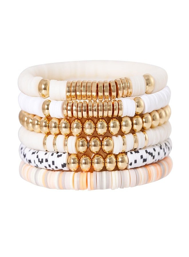 GOOJIDS Surfer Heishi Clay Bead Bracelets for Women Bohemian Stackable Gold Plated Beaded Stretch Bracelets Elastic Layering Friendship Bracelets Set Boho Jewelry, Medium, Polymer clay, no gemstone - Image 1