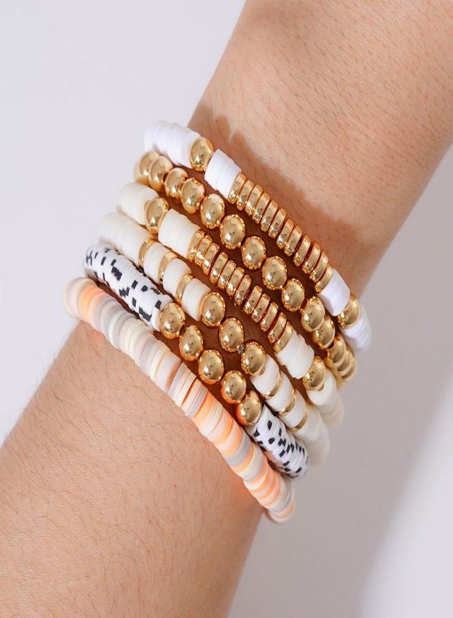 GOOJIDS Surfer Heishi Clay Bead Bracelets for Women Bohemian Stackable Gold Plated Beaded Stretch Bracelets Elastic Layering Friendship Bracelets Set Boho Jewelry, Medium, Polymer clay, no gemstone - Image 4