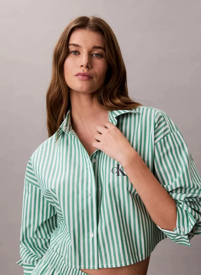 Calvin Klein PENNY STRIPE MARDI GRAS GREEN Cropped Cotton Poplin Pyjama Top for Women | Best Price UAE