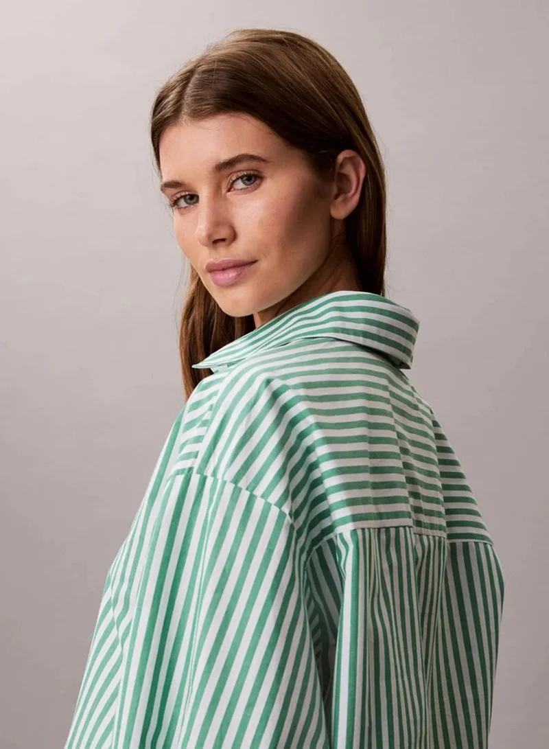 Calvin Klein PENNY STRIPE MARDI GRAS GREEN Cropped Cotton Poplin Pyjama Top for Women | Best Price UAE