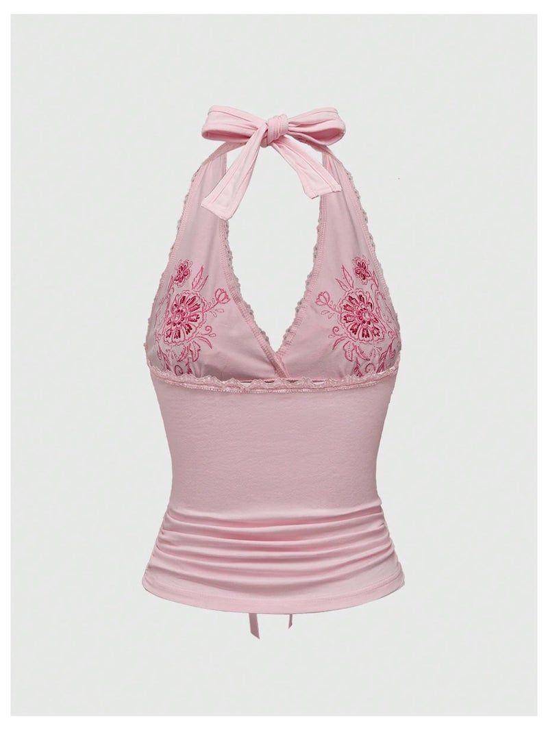 OYOANGLE Women's Y2k Halter Tank Tops Floral Embroidery Bow Lace Trim Ruched Fitted Sleeveless Going Out Top Pink Small - Image 2