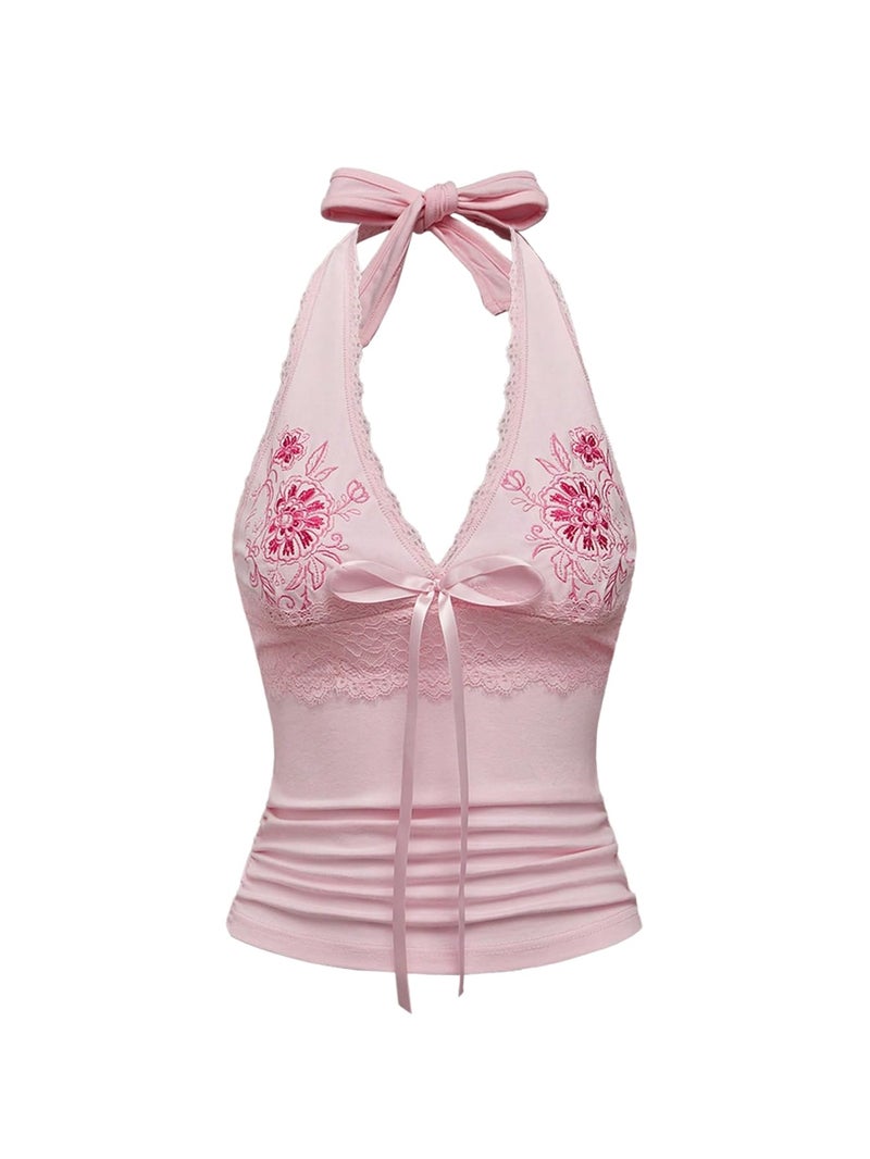OYOANGLE Women's Y2k Halter Tank Tops Floral Embroidery Bow Lace Trim Ruched Fitted Sleeveless Going Out Top Pink Small - Image 1