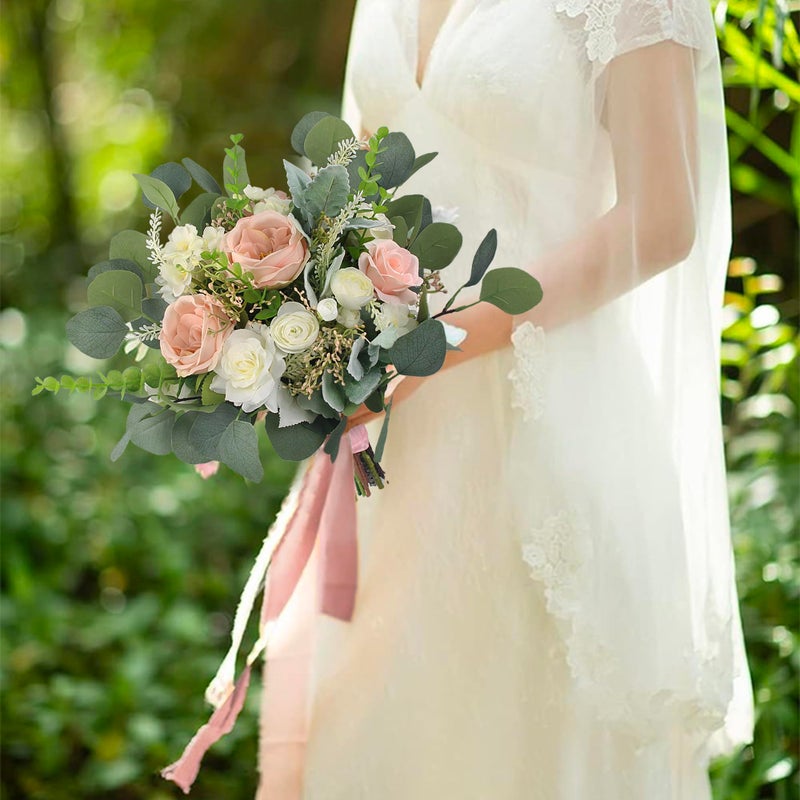 Rinlong 12.6 Inch Wedding Bouquets for Bride Pink Green Bridal Bouquet for Wedding Artificial Flowers Silk Bouquet Spring - Image 4