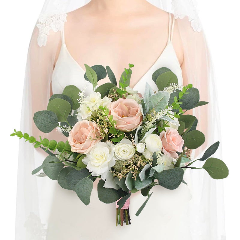 Rinlong 12.6 Inch Wedding Bouquets for Bride Pink Green Bridal Bouquet for Wedding Artificial Flowers Silk Bouquet Spring - Image 1