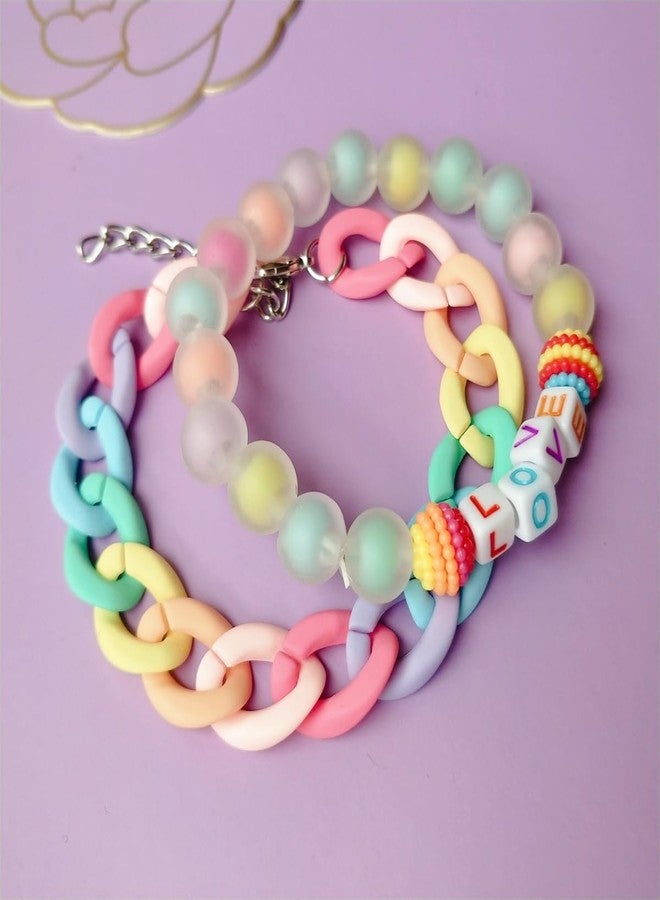 ASHMITA 4 Pairs Multicolor Resin Lightweight Chunky Link Chain Bracelets Heart-shaped Flower Rainbow Candy Colorful Beads Paperclip Chain Bracelet for Women - Image 3