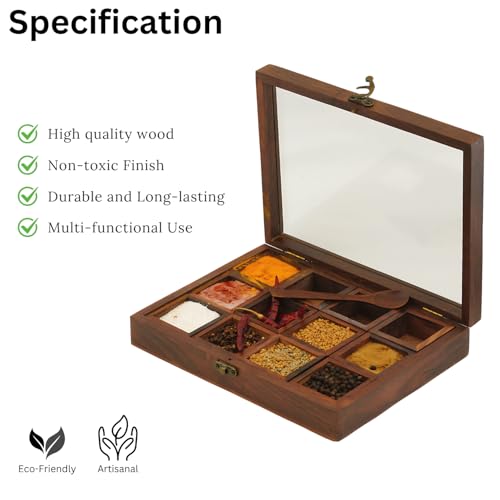 Freakway Sheesham Decorative Multipurpose Wooden Boxes/Masala Dabba Containers Jars & Wooden Masala Box with 12 cotainer for Kitchen with Spoon - Image 4