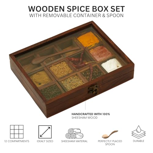 Freakway Sheesham Decorative Multipurpose Wooden Boxes/Masala Dabba Containers Jars & Wooden Masala Box with 12 cotainer for Kitchen with Spoon - Image 3