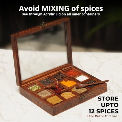 Freakway Sheesham Decorative Multipurpose Wooden Boxes/Masala Dabba Containers Jars & Wooden Masala Box with 12 cotainer for Kitchen with Spoon - Image 5