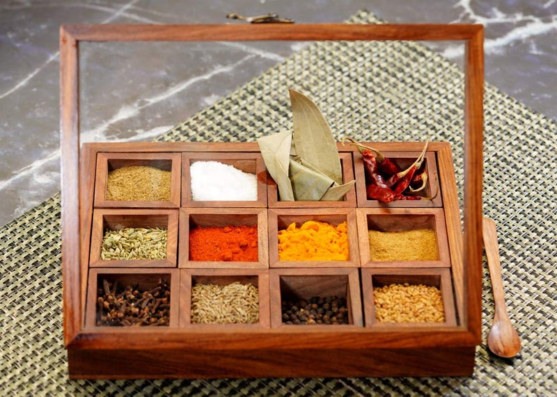 Freakway Sheesham Decorative Multipurpose Wooden Boxes/Masala Dabba Containers Jars & Wooden Masala Box with 12 cotainer for Kitchen with Spoon - Image 1
