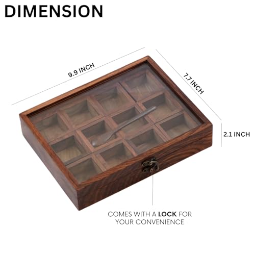 Freakway Sheesham Decorative Multipurpose Wooden Boxes/Masala Dabba Containers Jars & Wooden Masala Box with 12 cotainer for Kitchen with Spoon - Image 2