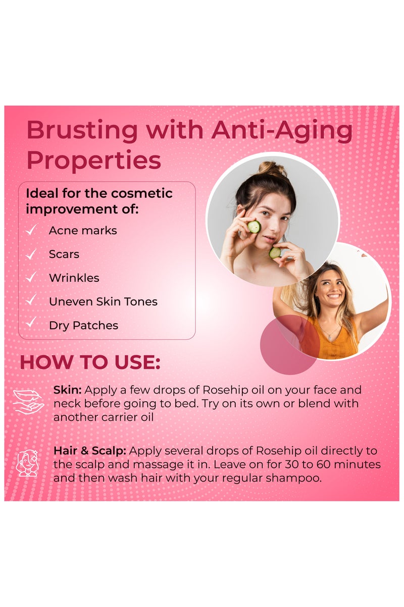 Jadole Naturals Rose Hip Oil - 118 ml, Improves Hair Growth, Strength & Face, Body & Skin - Image 3