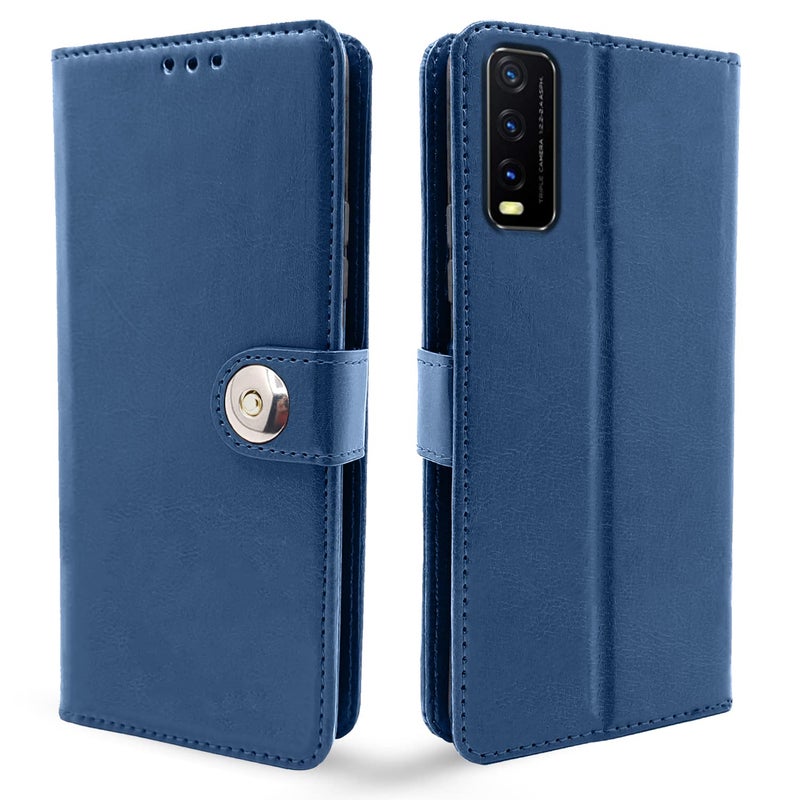 Pikkme Vivo Y12s / Y20 / Y20i / Y20G Flip Cover Leather Finish | Inside TPU with Card Pockets | Wallet Stand and Shock Proof | Complete Protection Flip Case (Button Blue) - Image 1
