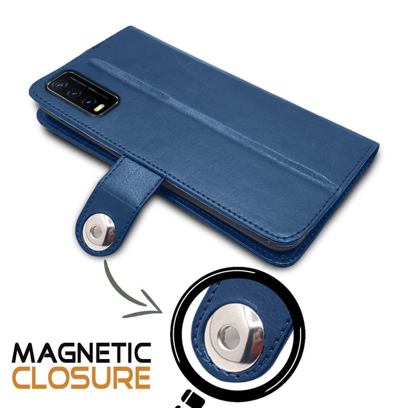 Pikkme Vivo Y12s / Y20 / Y20i / Y20G Flip Cover Leather Finish | Inside TPU with Card Pockets | Wallet Stand and Shock Proof | Complete Protection Flip Case (Button Blue) - Image 4