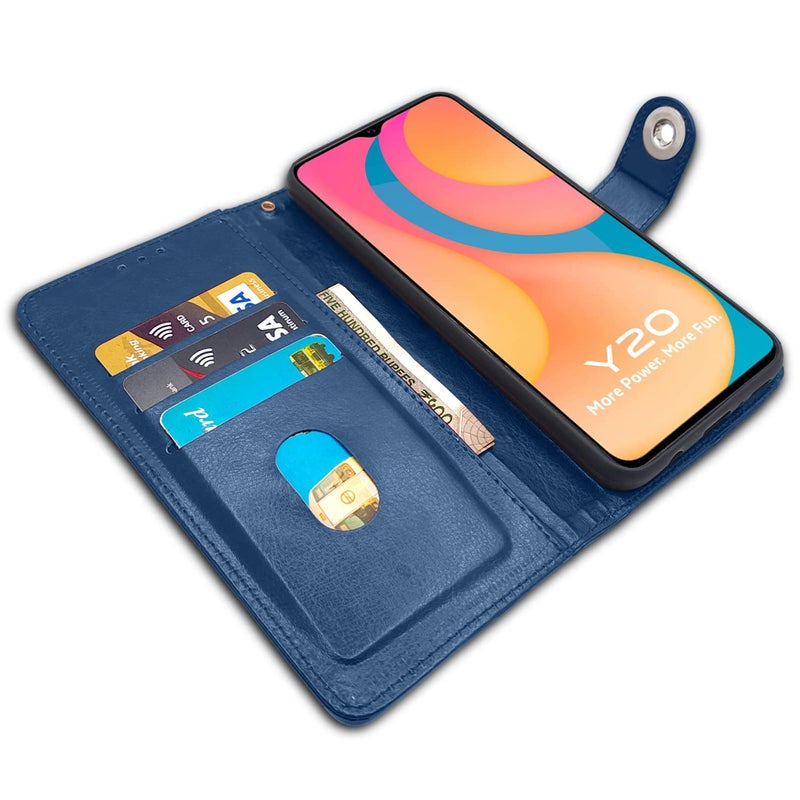 Pikkme Vivo Y12s / Y20 / Y20i / Y20G Flip Cover Leather Finish | Inside TPU with Card Pockets | Wallet Stand and Shock Proof | Complete Protection Flip Case (Button Blue) - Image 3