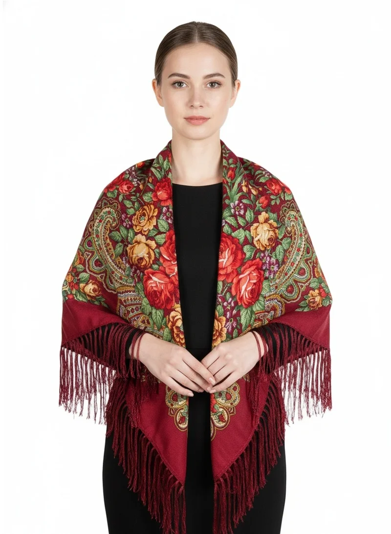 دىدانيالا Katerina Womens Scarves Traditional Eastern European Large  Size Square Cotton Long Tassel Print Shawl Red Flowers