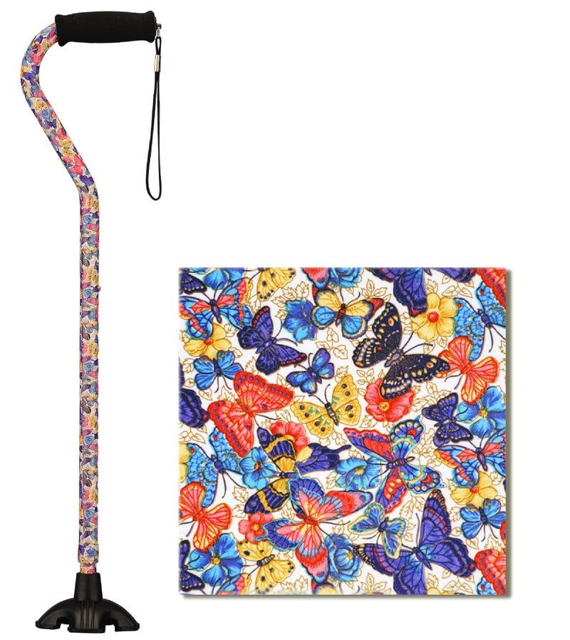 NOVA Medical Products NOVA Sugarcane, Walking Cane with All Terrain Rubber Quad Tip Base and Carrying Strap, Butterfly Symphony Design - Image 1