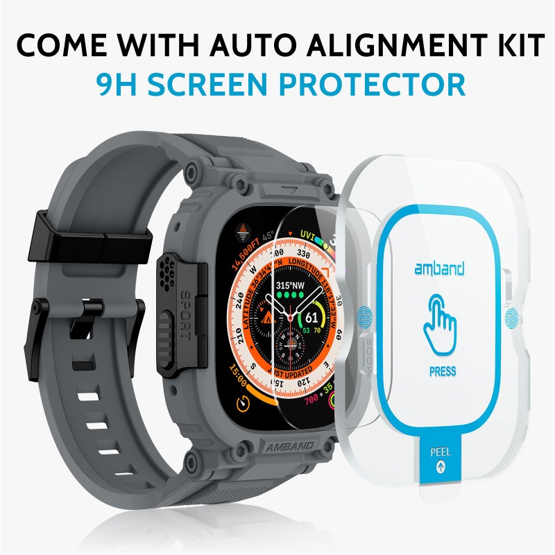 amBand Bands Case Screen Protector Compatible with Apple Watch Ultra 3/2/1 49mm, M1 Sport Series Rugged Cover Strap and 9H Tempered Glass Film, Protective Bumper for iWatch 49 mm Men Gray - Image 2