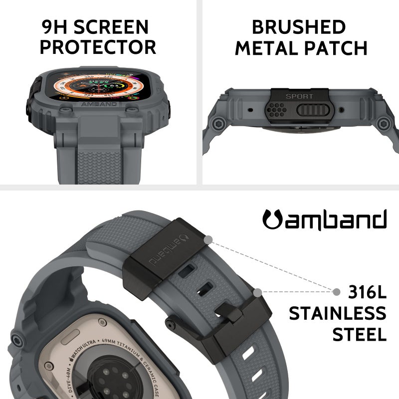 amBand Bands Case Screen Protector Compatible with Apple Watch Ultra 3/2/1 49mm, M1 Sport Series Rugged Cover Strap and 9H Tempered Glass Film, Protective Bumper for iWatch 49 mm Men Gray - Image 3
