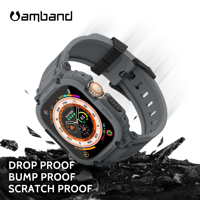 amBand Bands Case Screen Protector Compatible with Apple Watch Ultra 3/2/1 49mm, M1 Sport Series Rugged Cover Strap and 9H Tempered Glass Film, Protective Bumper for iWatch 49 mm Men Gray - Image 4