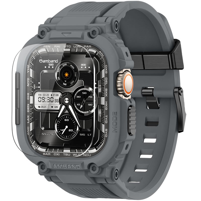 amBand Bands Case Screen Protector Compatible with Apple Watch Ultra 3/2/1 49mm, M1 Sport Series Rugged Cover Strap and 9H Tempered Glass Film, Protective Bumper for iWatch 49 mm Men Gray - Image 1