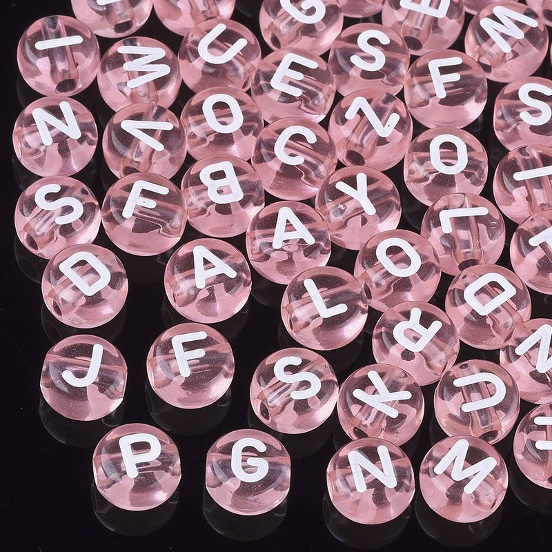 370pcs Transparent Acrylic Alphabet Letter Beads 7mm Flat Round Disc Coin AZ White Letter Pattern Loose Spacer Beads Charms for DIY Necklace Bracelet Jewelry Making Pink
