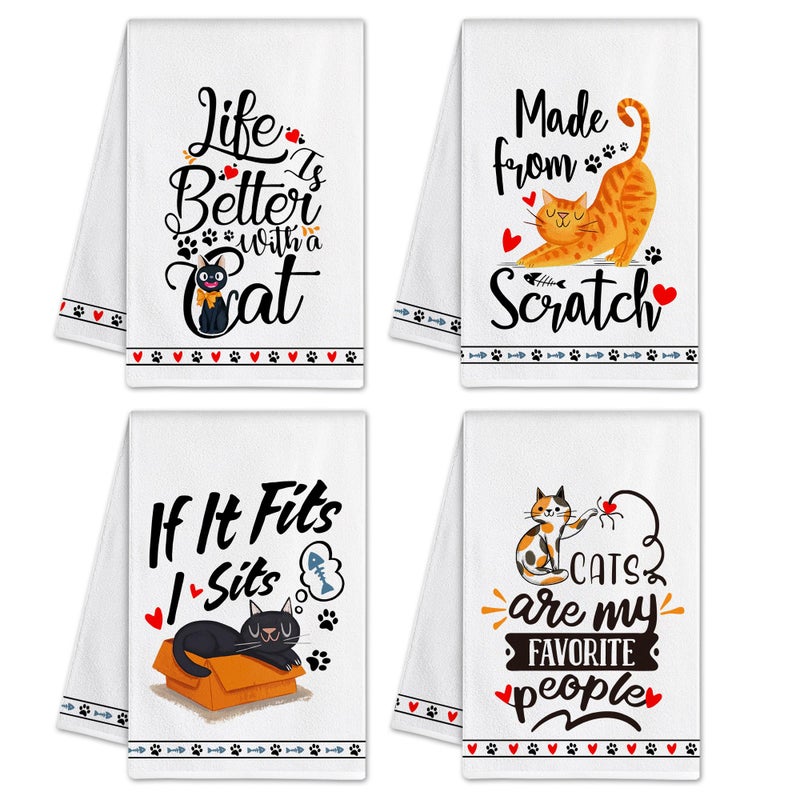 Hexagram Cat Kitchen Towels Set of 4 Funny Cat Mom Gifts for Women Lover Cute Dish Hand Towels for Housewarming Kitchen Decor
