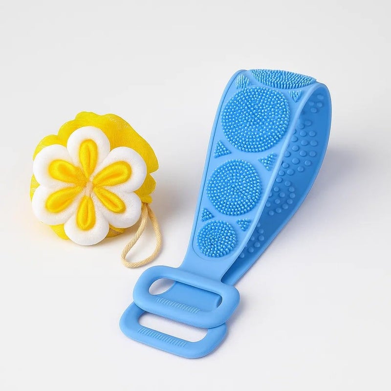 Majestique Flower Bath Loofah & Silicone Back Scrubber Belt Combo | Gentle Exfoliating Body Scrubber for Deep Cleansing | Soft Mesh Loofah & Skin-Friendly Silicone | Shower Essential for All - Image 1