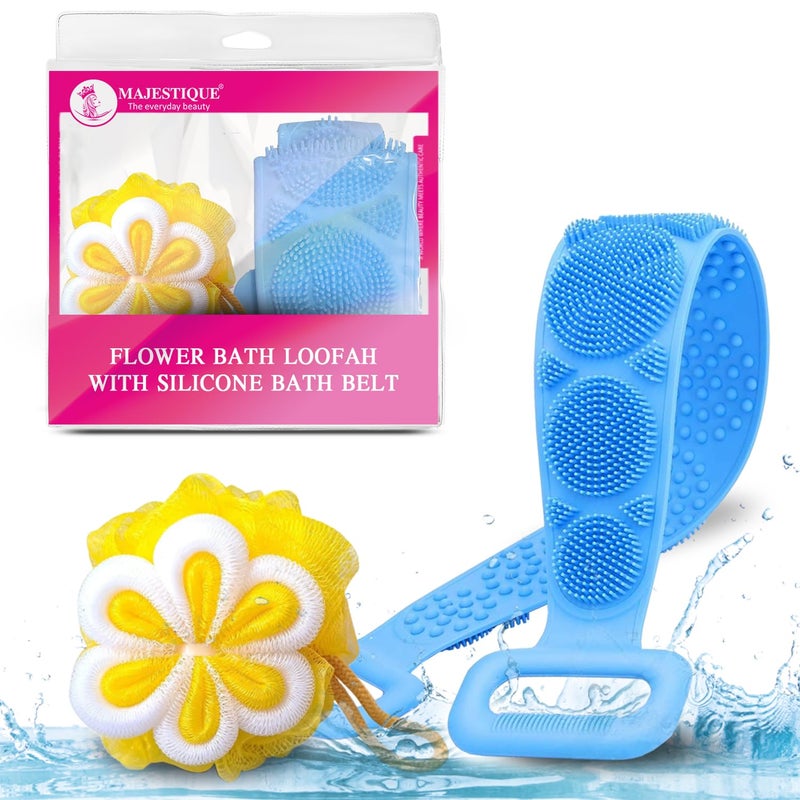 Majestique Flower Bath Loofah & Silicone Back Scrubber Belt Combo | Gentle Exfoliating Body Scrubber for Deep Cleansing | Soft Mesh Loofah & Skin-Friendly Silicone | Shower Essential for All - Image 2