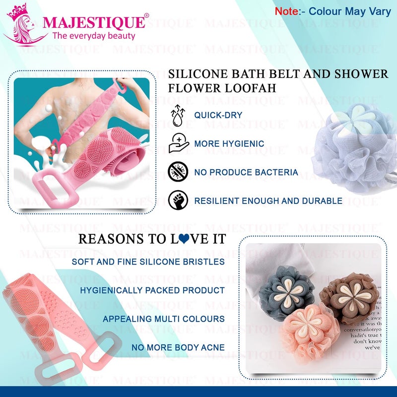Majestique Flower Bath Loofah & Silicone Back Scrubber Belt Combo | Gentle Exfoliating Body Scrubber for Deep Cleansing | Soft Mesh Loofah & Skin-Friendly Silicone | Shower Essential for All - Image 4
