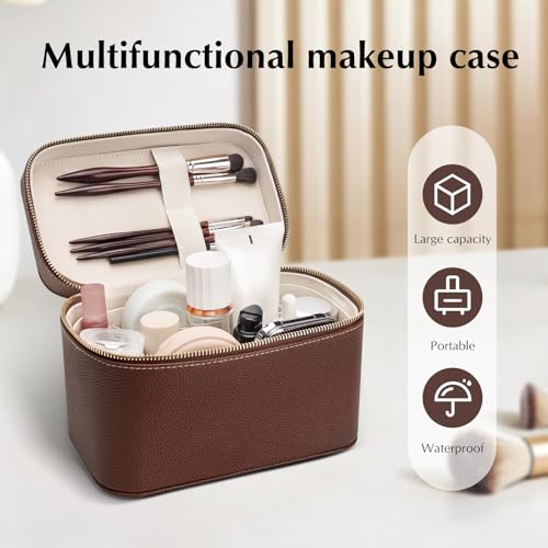 idoltimes Makeup Case for Women, Leather Makeup Bag Cosmetic Case with Removable Divider, Large Capacity Waterproof Portable Travel Toiletry Make up Organizer Case - Image 5
