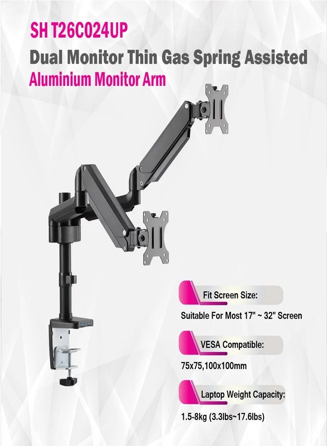 Skill Tech SHT26 C024UP Premium Dual Monitors Aluminum Pole-Mounted Gas Spring Monitor Arm with 2 USB Ports for 17"-32" Screens, VESA 100x100, 16kg Load Capacity – Black - Image 5