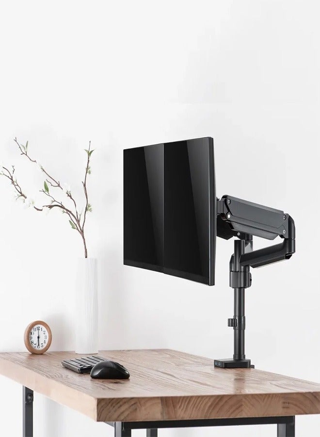 Skill Tech SHT26 C024UP Premium Dual Monitors Aluminum Pole-Mounted Gas Spring Monitor Arm with 2 USB Ports for 17"-32" Screens, VESA 100x100, 16kg Load Capacity – Black - Image 1