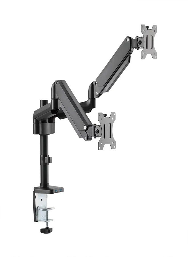 Skill Tech SHT26 C024UP Premium Dual Monitors Aluminum Pole-Mounted Gas Spring Monitor Arm with 2 USB Ports for 17"-32" Screens, VESA 100x100, 16kg Load Capacity – Black - Image 2