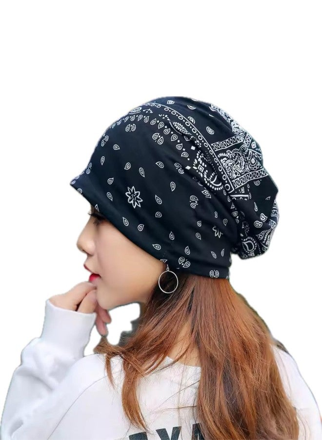 Future Tabs Baggy Slouchy Paisley Printed Bandanna for Men & Women - Black | Aesthetic Unisex Headband | Breathable & Comfortable Cotton Bandana | Chunky Beanie Chemo Hat Skull Cap - Image 1