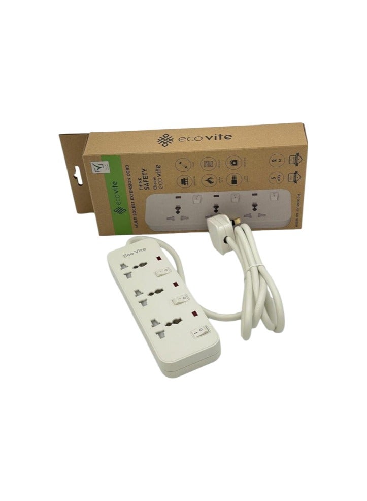 eco vite EcoVite 3-Way Extension Cord with Individual Switches – 3 Sockets | 3-Meter Heavy Duty Cable | Multi Plug Power Strip | ECAS Approved | Safety Shutters | Ideal for Home & Office - Image 1