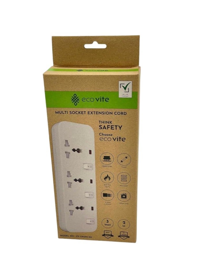 eco vite EcoVite 3-Way Extension Cord with Individual Switches – 3 Sockets | 3-Meter Heavy Duty Cable | Multi Plug Power Strip | ECAS Approved | Safety Shutters | Ideal for Home & Office - Image 2