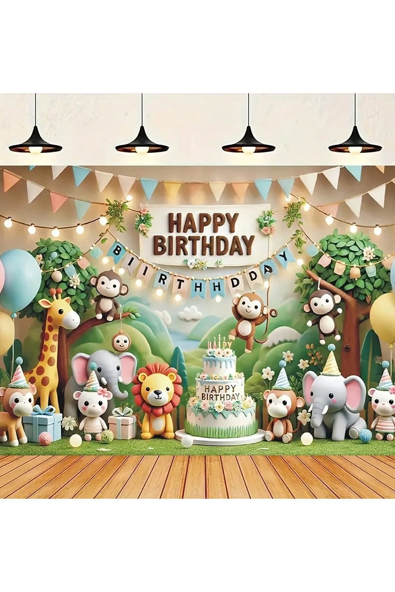 Birthday party backdrop decoration featuring adorable jungle animals, designed with a "Happy Birthday" message – perfect for celebrating birthdays and themed special events. Size: 100×150 cm. - Image 1