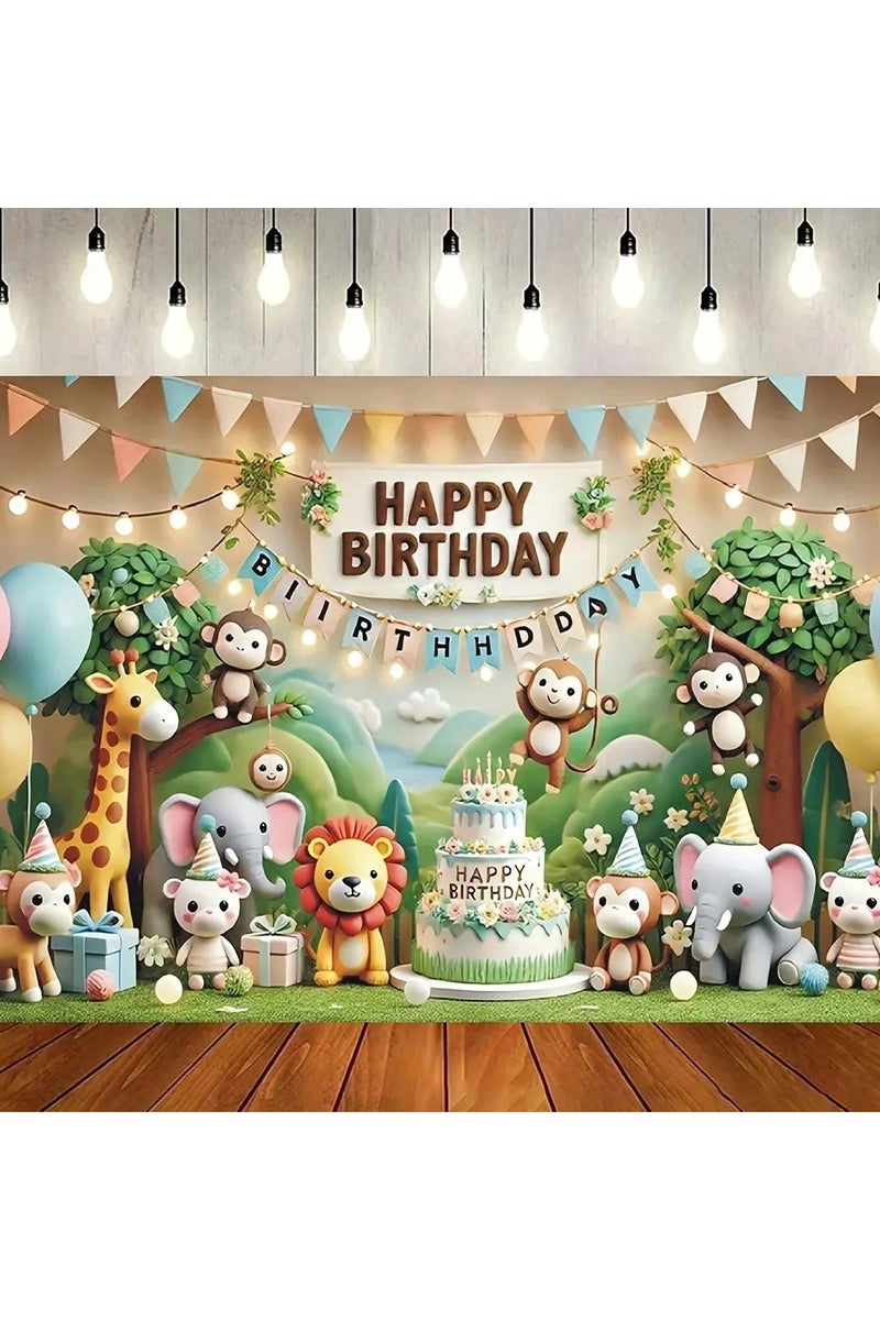 Birthday party backdrop decoration featuring adorable jungle animals, designed with a "Happy Birthday" message – perfect for celebrating birthdays and themed special events. Size: 100×150 cm. - Image 2