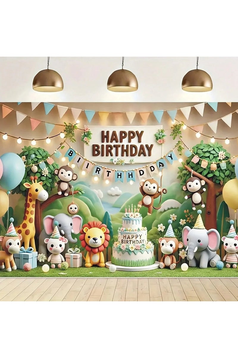 Birthday party backdrop decoration featuring adorable jungle animals, designed with a "Happy Birthday" message – perfect for celebrating birthdays and themed special events. Size: 100×150 cm. - Image 3