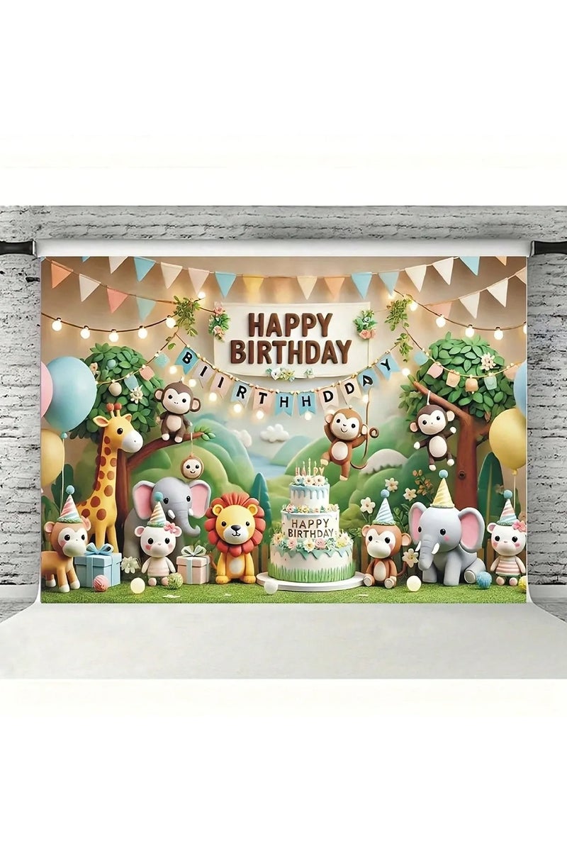 Birthday party backdrop decoration featuring adorable jungle animals, designed with a "Happy Birthday" message – perfect for celebrating birthdays and themed special events. Size: 100×150 cm. - Image 4