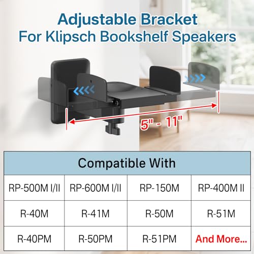 Chunxiao Pair of Adjustable Speaker Wall Mount for Klipsch Bookshelf Speaker Mount - Heavy Duty Side Clamping Wall Speaker Mounts for Klipsch R-40PM R50M RP-500M II RP-600M II Speaker Mount, 55 LBS Capacity - Image 2