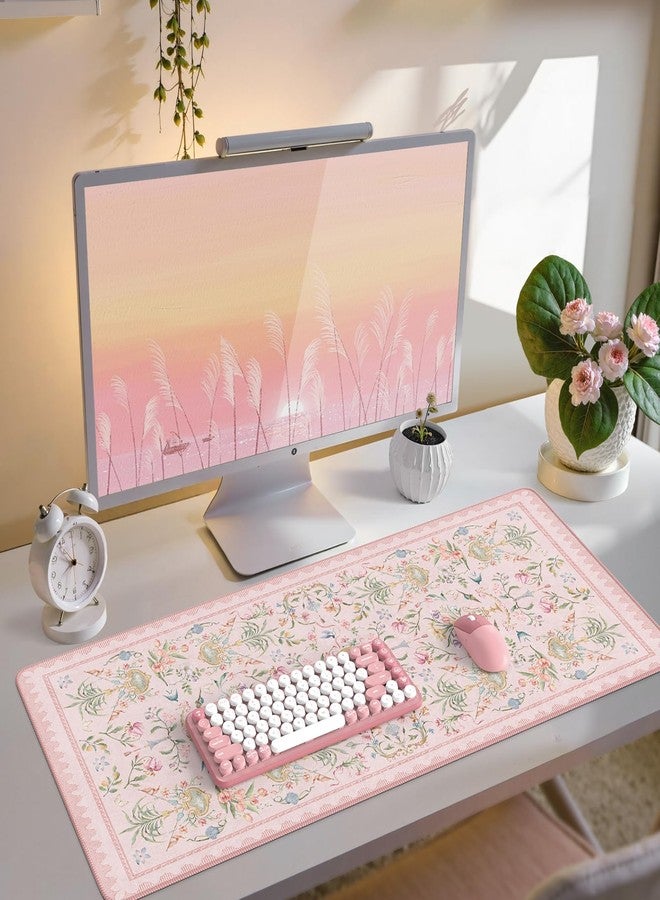 iCasso Pink Desk Cover Mat,Big Mouse Pad for Laptop,Aesthetic Computer Pad with Stitched Edges,Non Slip Keyboard Mat for Desktop,Cute Floral Desk Protector for Office Home Dorm - Image 1