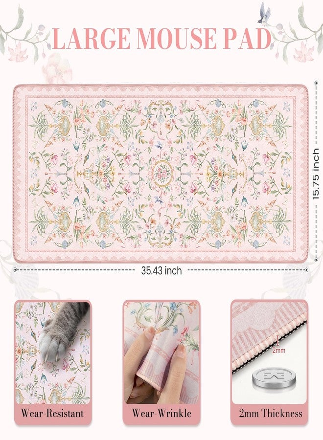 iCasso Pink Desk Cover Mat,Big Mouse Pad for Laptop,Aesthetic Computer Pad with Stitched Edges,Non Slip Keyboard Mat for Desktop,Cute Floral Desk Protector for Office Home Dorm - Image 2